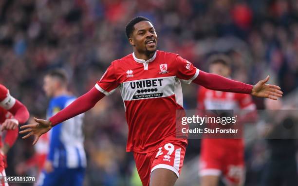 Middlesbrough striker Chuba Akpom celebrates his goal during the Emirates FA Cup Third Round match between Middlesbrough and Brighton & Hove Albion...