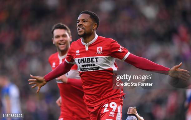 Middlesbrough striker Chuba Akpom celebrates his goal during the Emirates FA Cup Third Round match between Middlesbrough and Brighton & Hove Albion...