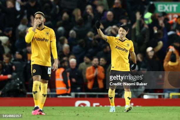 Hwang Hee-chan of Wolverhampton Wanderers celebrates after scoring the team's second goal during the Emirates FA Cup Third Round match between...