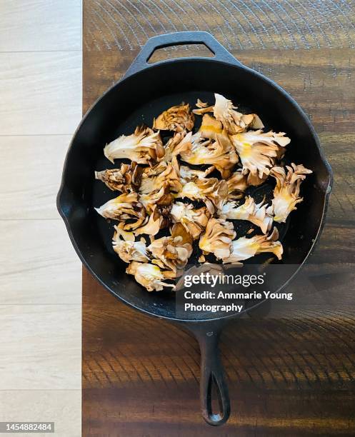 toasted maitake mushrooms in cast iron skillet - klapperschwamm stock-fotos und bilder