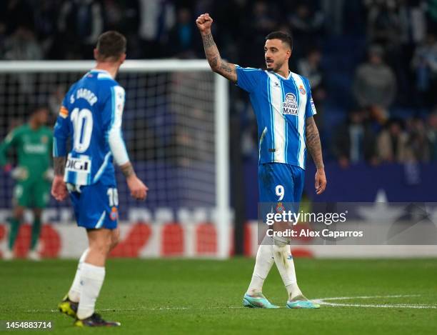 Joselu of RCD Espanyol celebrates after scoring the team's second goal during the LaLiga match between Espanyol and Girona at RCDE Stadium on January...
