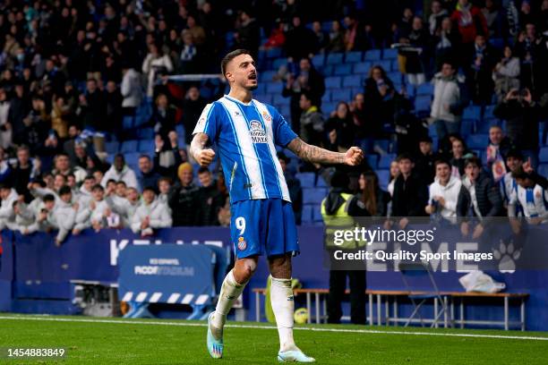 Joselu Mato of RCD Espanyol celebrates after scoring his team's second goal during the LaLiga Santander match between RCD Espanyol and Girona FC at...