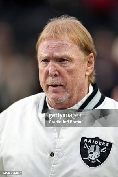 Owner and managing general partner Mark Davis of the Las Vegas Raiders looks on prior to a game against the Kansas City Chiefs at Allegiant Stadium...