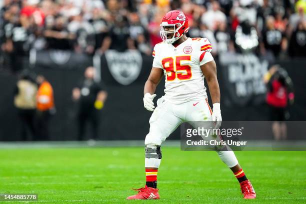 Chris Jones of the Kansas City Chiefs reacts after a sack against the Las Vegas Raiders during the first quarter of the game at Allegiant Stadium on...