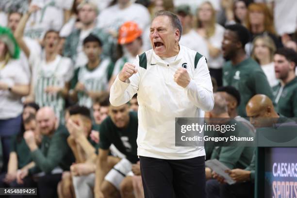 Head coach Tom Izzo reacts while playing the Michigan Wolverines at Breslin Center on January 07, 2023 in East Lansing, Michigan. Michigan State won...