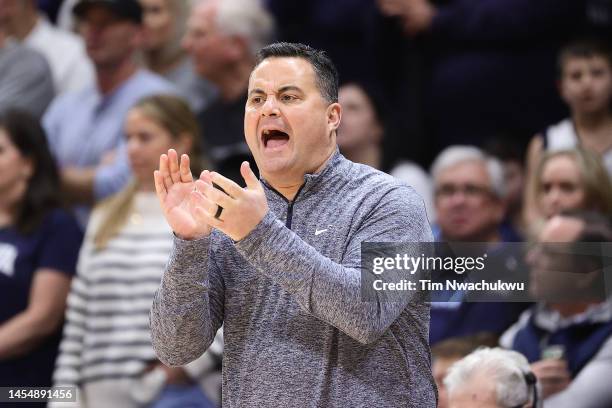 Head coach Sean Miller of the Xavier Musketeers reacts during the first half against the Villanova Wildcats at Finneran Pavilion on January 07, 2023...