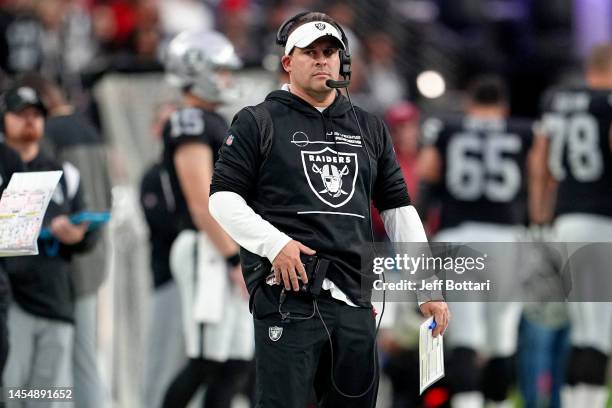 Head coach Josh McDaniels of the Las Vegas Raiders looks on against the Kansas City Chiefs during the first half of the game at Allegiant Stadium on...