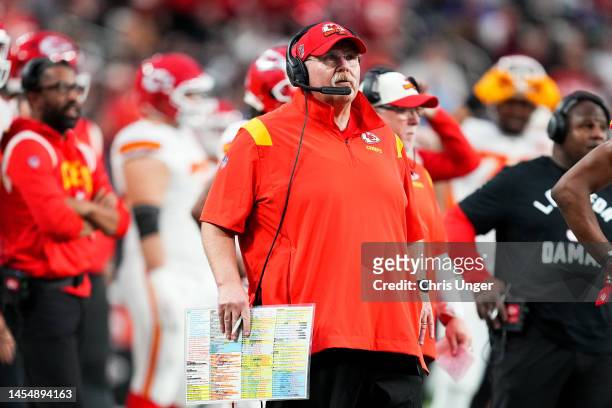 Head coach Andy Reid of the Kansas City Chies looks on against the Las Vegas Raiders during the first half of the game at Allegiant Stadium on...