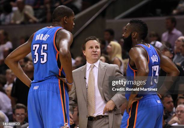 Head coach Scott Brooks talks with Kevin Durant and James Harden of the Oklahoma City Thunder in Game Two of the Western Conference Finals of the...