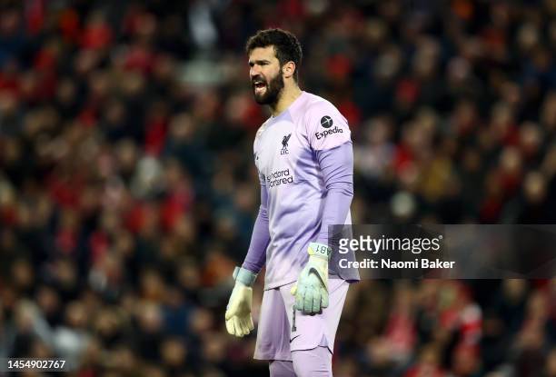 Alisson Becker of Liverpool during the Emirates FA Cup Third Round match between Liverpool and Wolverhampton Wanderers at Anfield on January 07, 2023...