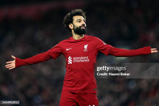 Mohamed Salah of Liverpool celebrates after scoring the team's second goal during the Emirates FA Cup Third Round match between Liverpool and...