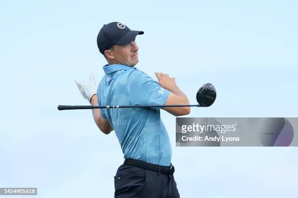 Jordan Spieth of the United States lets go of his club as he watches his shot from the 14th tee during the third round of the Sentry Tournament of...