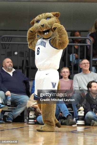 The Villanova Wildcats mascot on the floor during a college basketball game against the Marquette Golden Eagles at Finneran Pavilion on December 31,...