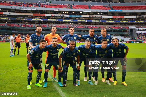 Players of America pose prior the 1st round match between America and Queretaro as part of the Torneo Clausura 2023 Liga MX at Azteca Stadium on...