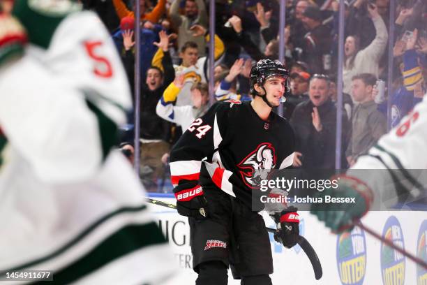 Dylan Cozens of the Buffalo Sabres celebrates after his goal during the second period of an NHL hockey game against the Minnesota Wild at KeyBank...