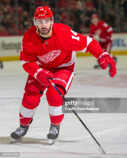 Robby Fabbri of the Detroit Red Wings follows the play against the Florida Panthers during the first period of an NHL game at Little Caesars Arena on...