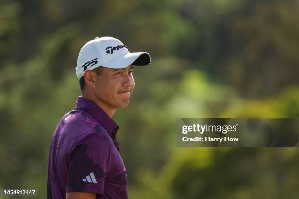 Collin Morikawa of the United States smiles on the 18th green during the third round of the Sentry Tournament of Champions at Plantation Course at...