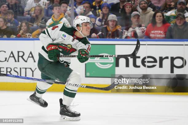 Joel Eriksson Ek of the Minnesota Wild scores a goal during the third period of an NHL hockey game against the Buffalo Sabres at KeyBank Center on...