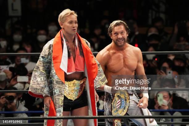 Kazuchika Okada and Kenny Omega are seen during the New Japan Pro-Wrestling at Ota-City General Gymnasium on January 05, 2023 in Tokyo, Japan.