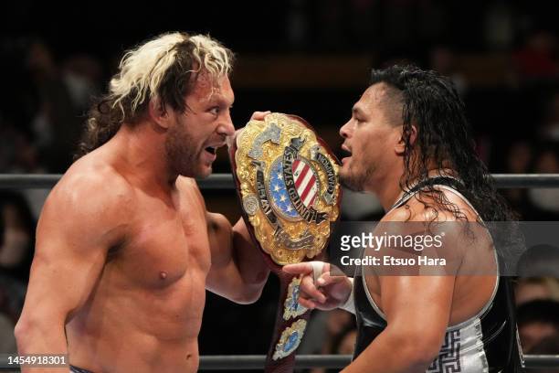 Kenny Omega and Jeff Cobb face off during the New Japan Pro-Wrestling at Ota-City General Gymnasium on January 05, 2023 in Tokyo, Japan.