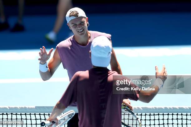 Holger Rune of Denmark is seen during a practice session ahead of the 2023 Australian Open at Melbourne Park on January 08, 2023 in Melbourne,...