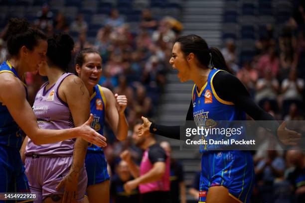 Alex Wilson of the Spirit celebrates a basket during the round nine WNBL match between Bendigo Spirit and Melbourne Boomers at Red Energy Arena, on...