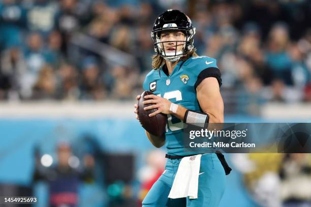 Trevor Lawrence of the Jacksonville Jaguars attempts a pass during the third quarter against the Tennessee Titans at TIAA Bank Field on January 07,...