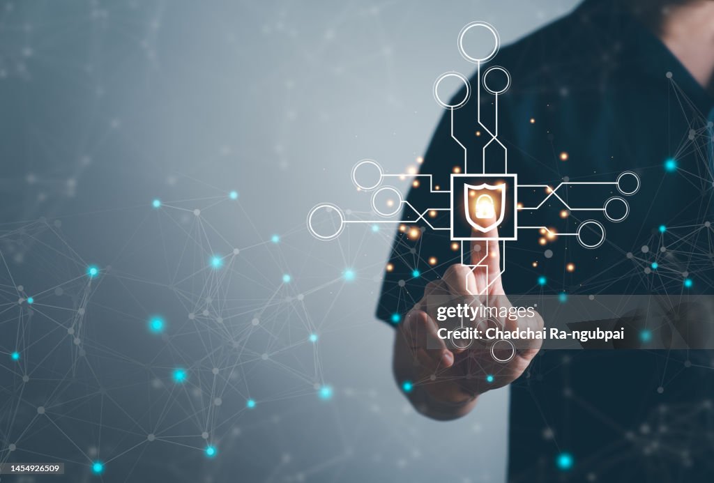 Cyber Protection Data Security Internet Privacy, Internet and technology concept on virtual screen. Man touching on lock icon.