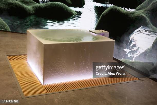 The Kohler Stillness Infinity Experience Freestanding Bath, a Japanese style soaking tub with an overflowing infinity experience and a wood-planked...