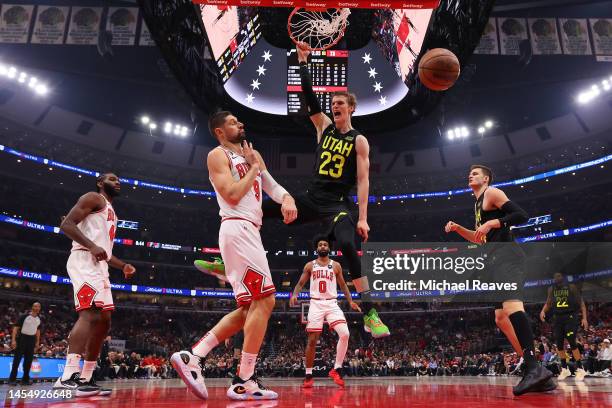 Lauri Markkanen of the Utah Jazz celebrates a dunk against the Chicago Bulls during the second half at United Center on January 07, 2023 in Chicago,...