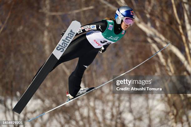 Sara Takanashi of Japan competes in women large hill individual during the FIS Ski Jumping World Cup Sapporo at Okurayama Jump Stadium on January 08,...