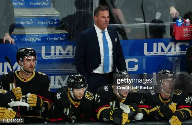 Vegas Golden Knights head coach Bruce Cassidy is seen on the bench during the second period against the Los Angeles Kings at T-Mobile Arena on...