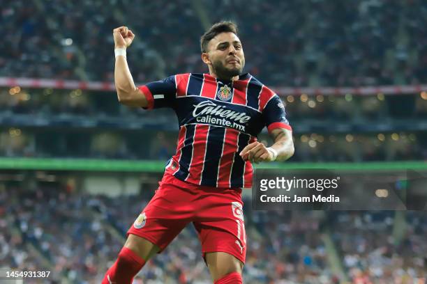Alexis Vega of Chivas celebrates after scoring the team's first goal during the 1st round match between Monterrey and Chivas as part of the Torneo...
