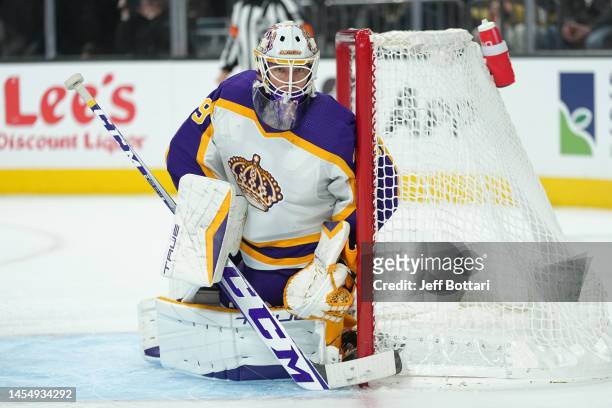Pheonix Copley of the Los Angeles Kings tends net during the third period against the Vegas Golden Knights at T-Mobile Arena on January 07, 2023 in...