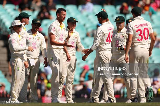 Josh Hazlewood of Australia celebrates dismissing Heinrich Klaasen of South Africa during day five of the Third Test match in the series between...