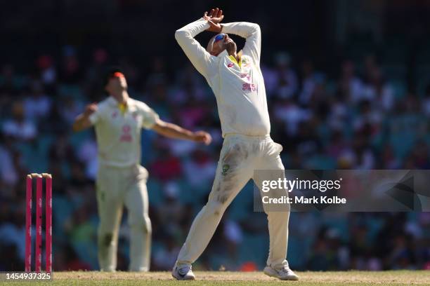 Nathan Lyon of Australia reacts during day five of the Third Test match in the series between Australia and South Africa at Sydney Cricket Ground on...