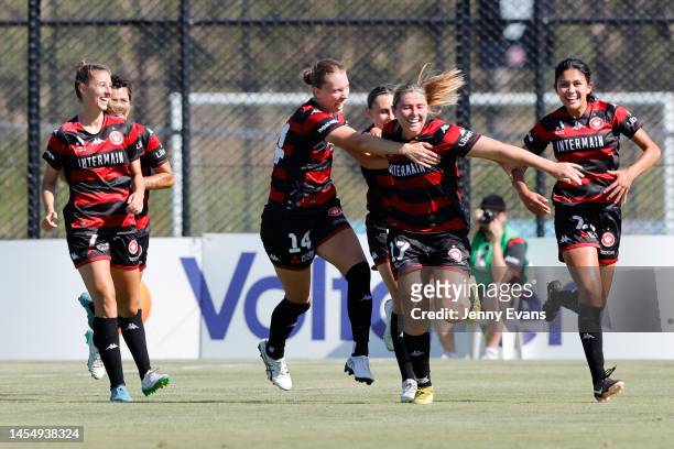 Sheridan Gallagher of the Wanderers celebrates a goal with team mates during the round nine A-League Women's match between Western Sydney Wanderers...