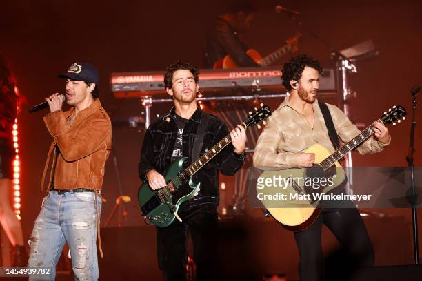 Joe Jonas, Nick Jonas and Kevin Jonas of The Jonas Brothers perform onstage during AT&T Playoff Playlist Live at Banc of California Stadium on...