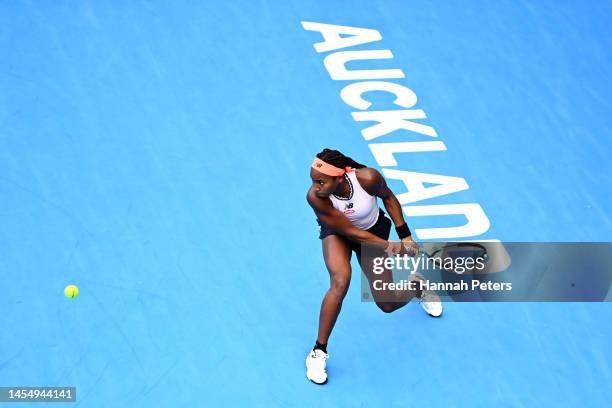 Coco Gauff of USA plays a backhand during her women's singles final match against Rebeka Masarova of Spain during day seven of the 2023 ASB Classic...