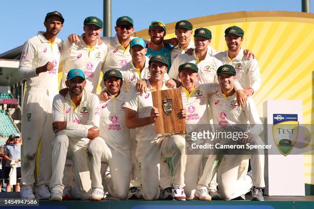Australia celebrate with the trophy during day five of the Third Test match in the series between Australia and South Africa at Sydney Cricket Ground...