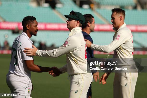 Steve Smith of Australia shakes hands with Khaya Zondo of South Africa during day five of the Third Test match in the series between Australia and...