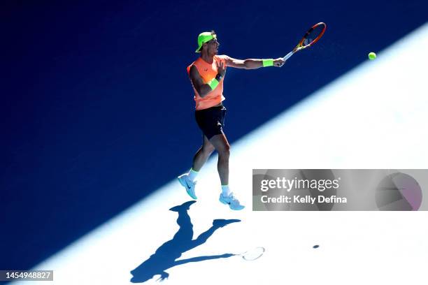 Rafael Nadal of Spain plays a forehand during a practice session ahead of the 2023 Australian Open at Melbourne Park on January 08, 2023 in...