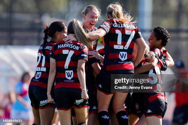 The Wanderers celebrate the second goal of Olivia Price of the Wanderers during the round nine A-League Women's match between Western Sydney...