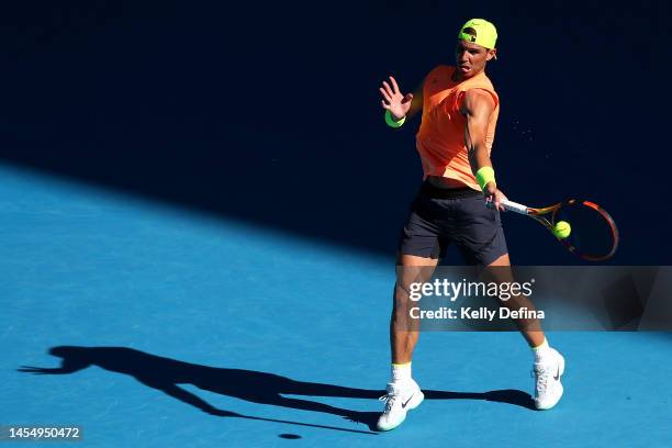 Rafael Nadal of Spain plays a forehand during a practice session ahead of the 2023 Australian Open at Melbourne Park on January 08, 2023 in...