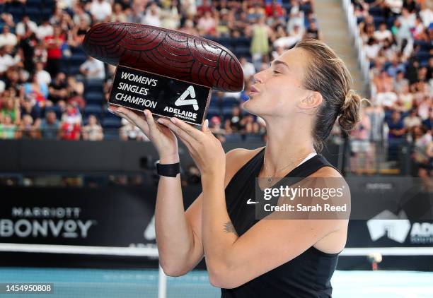 Aryna Sabalenka ladies champion after defeating Linda Noskova of Czechoslovakia during day eight of the 2023 Adelaide International at Memorial Drive...