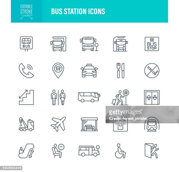 ilustraciones, imágenes clip art, dibujos animados e iconos de stock de iconos de la estación de autobuses trazo editable - bus