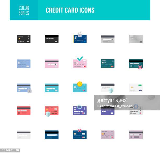 kreditkarten-symbole. flacher designstil - credit card reader stock-grafiken, -clipart, -cartoons und -symbole