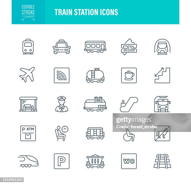 ilustraciones, imágenes clip art, dibujos animados e iconos de stock de trazo editable de iconos de estación de tren - tren