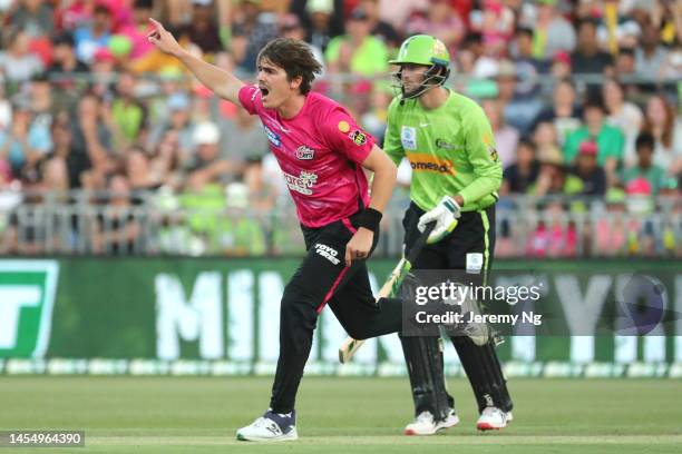 Sean Abbott of the Sixers appeals during the Men's Big Bash League match between the Sydney Thunder and the Sydney Sixers at Sydney Showground...