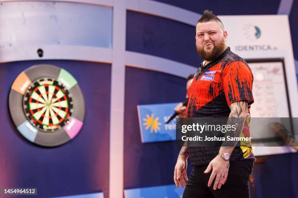 Michael Smith is seen during the VIP Dart World Cup on January 07, 2023 in Duesseldorf, Germany.